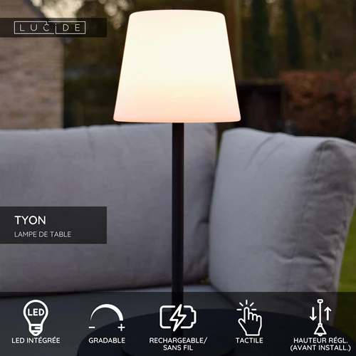 Lucide TYON - Lampe de table Rechargeable Intérieur/Extérieur - Batterie/Piles - LED Dim. - 1x2W 2700K - IP65 - Noir - USP